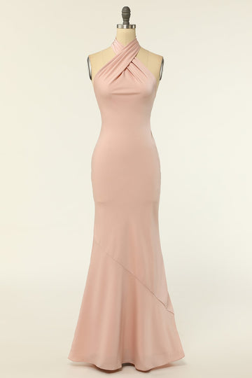 Mermaid Halter Blush Robe de demoiselle d’honneur longue avec dos sans dos